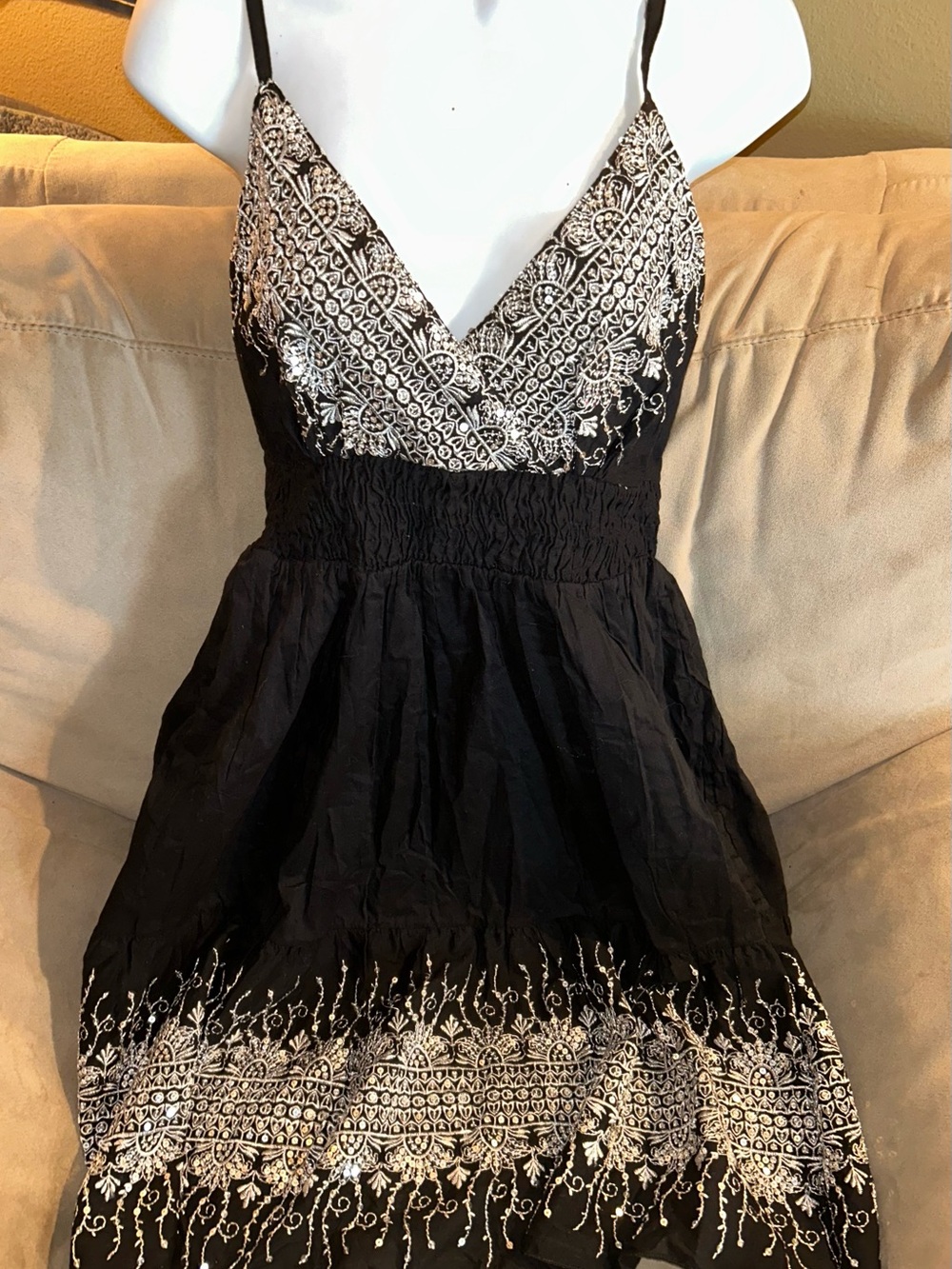 Black Embroidered Dress with White Floral Detail and Sequence
